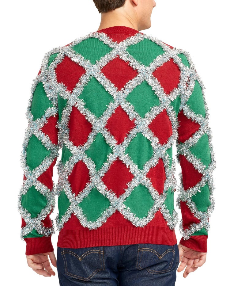 Tipsy Elves Men's Ugly Christmas Sweaters - Funny and Tacky Embellished Christmas Sweaters for Men - Red and Green Tacky Tinsel Christmas Sweater with Silver Tinsel and Ornaments Size Small - Image 2